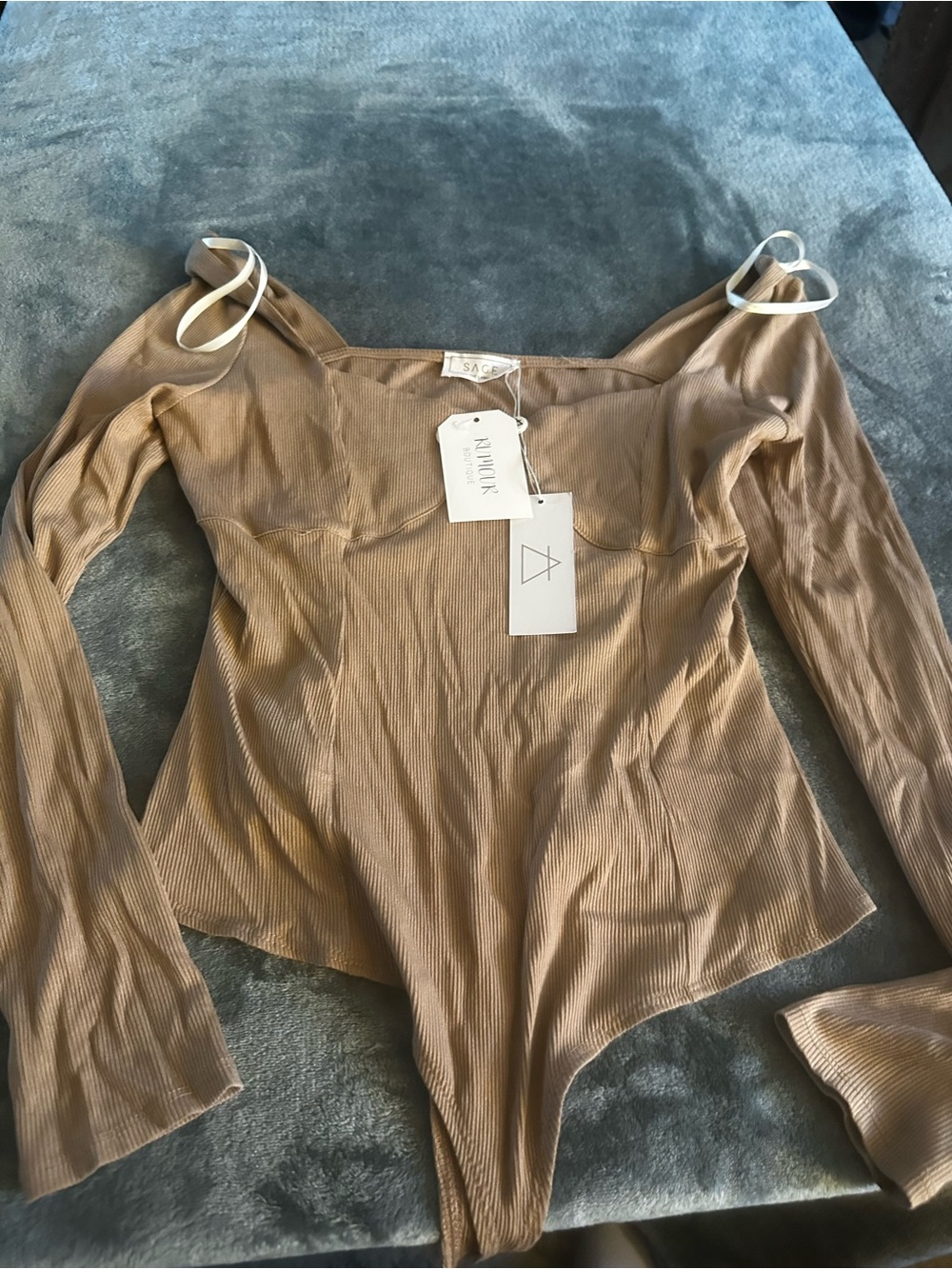 Sage Ribbed Long-Sleeve Square Neck Bodysuit in Camel